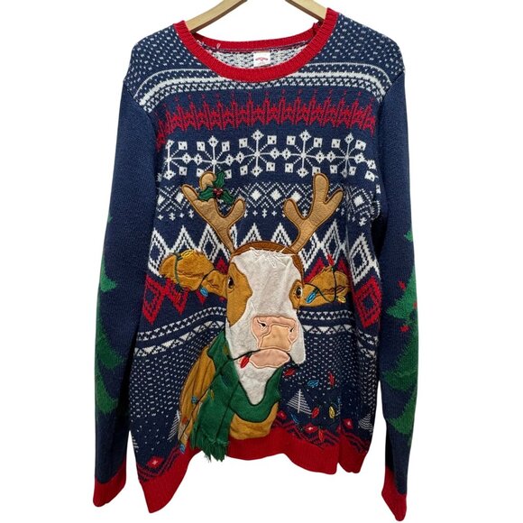 Holiday Time Ugly Christmas Sweater Reindeer L/G 42-44 knit Red Blue - Picture 1 of 7